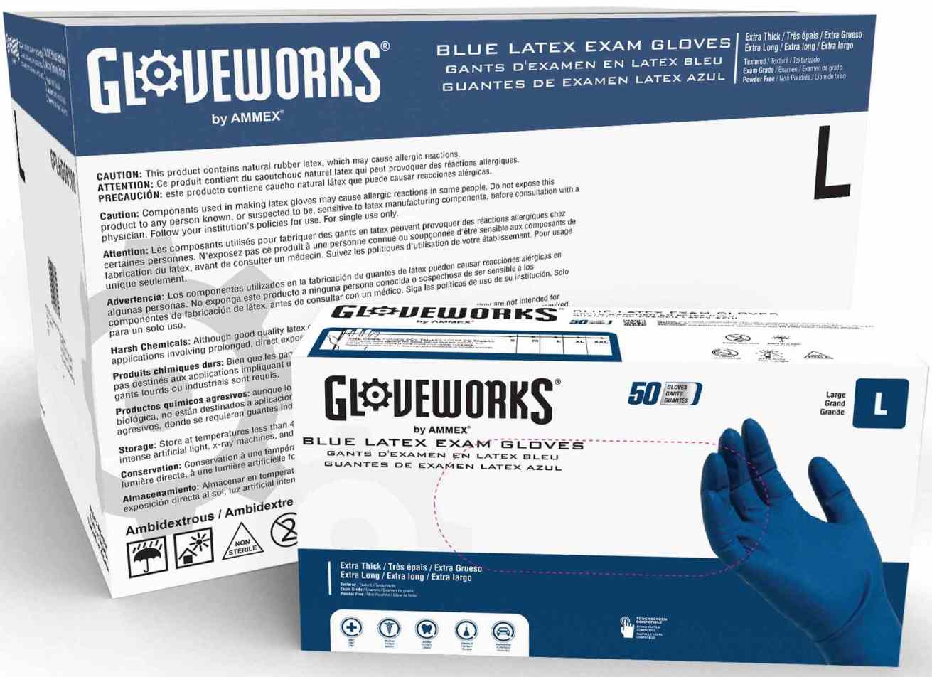 Ammex 500/Case 13 Mil - GlovePlus HD Blue Latex Exam Powder Free Disposable Gloves