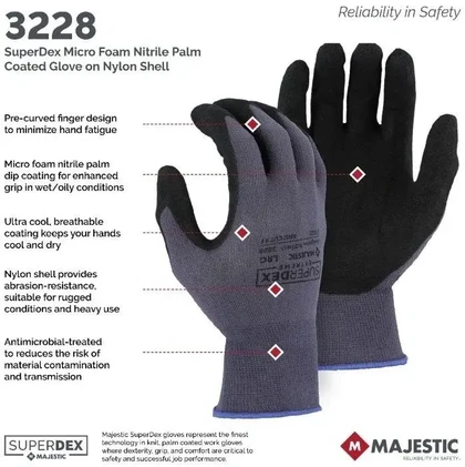 Majestic 3228 SuperDex Micro Foam Nitrile Palm Coated Gloves on Nylon Shell