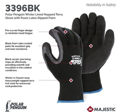 Majestic 3396 Black Polar Penguin Winter Lined Napped Terry Gloves - Cut Level A2