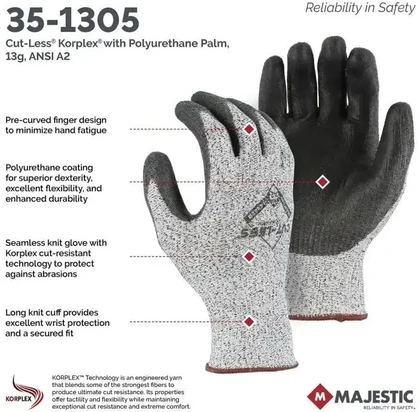 Majestic 35-1305 Cut-Less Korplex 13 Gauge Gloves with PU Palm - Cut Level A2