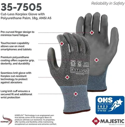 Majestic 35-7505 Cut-Less Korplex 18 Gauge Gloves with PU Palm - Cut Level A5